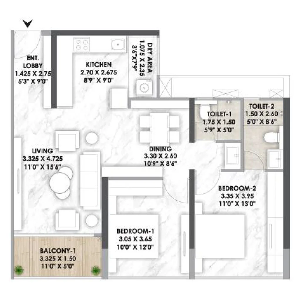 2 BHK Floor Plan at Mantra Meridian Balewadi Pune