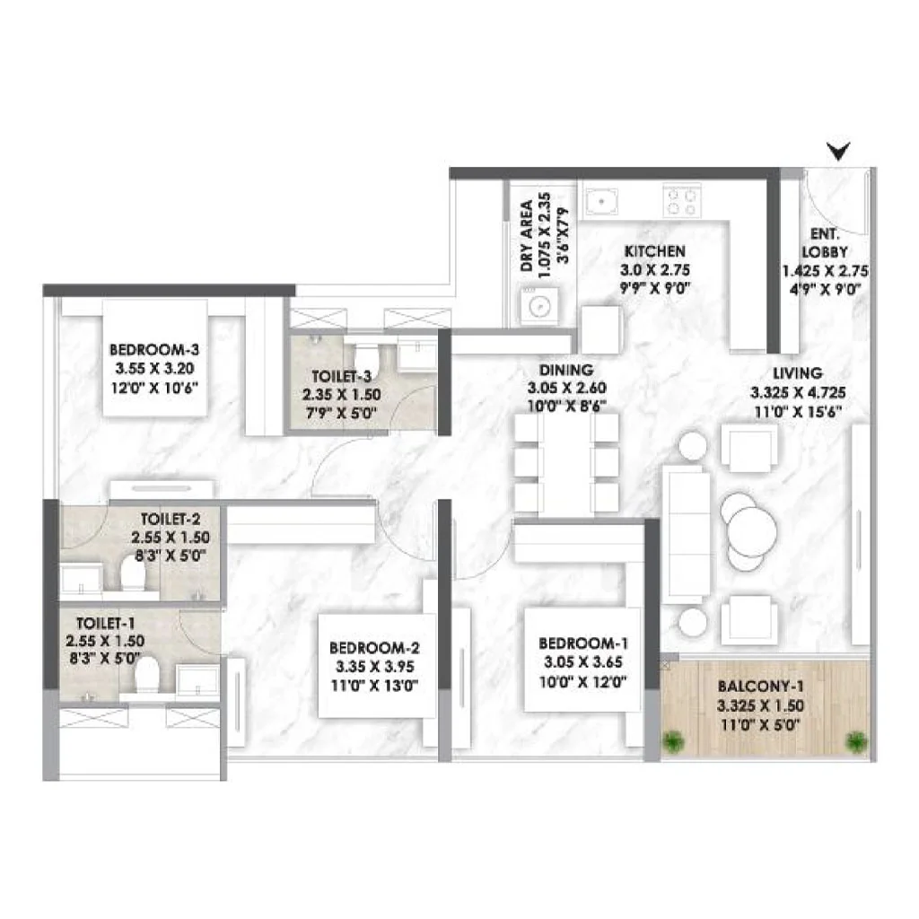 3 BHK Floor Plan at Mantra Meridian Balewadi Pune